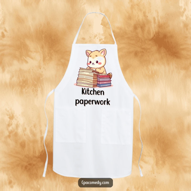 Funny focused animal sorting colorful document papers, on a humorous and practical apron for organized cooks.