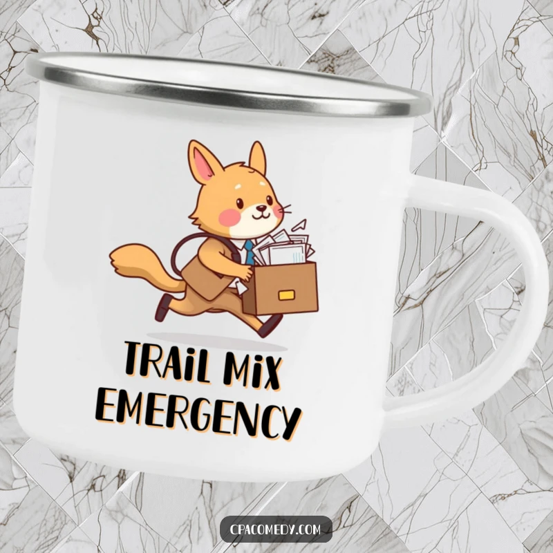 Funny animal character, briefcase packed with papers, humorously depicted for a camping mug, ready for any journey.