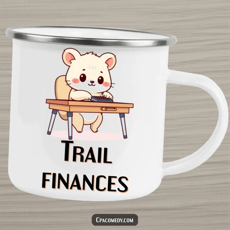 Funny diligent animal happily tapping a calculator, on a rugged and humorous camping mug for outdoor math enthusiasts.