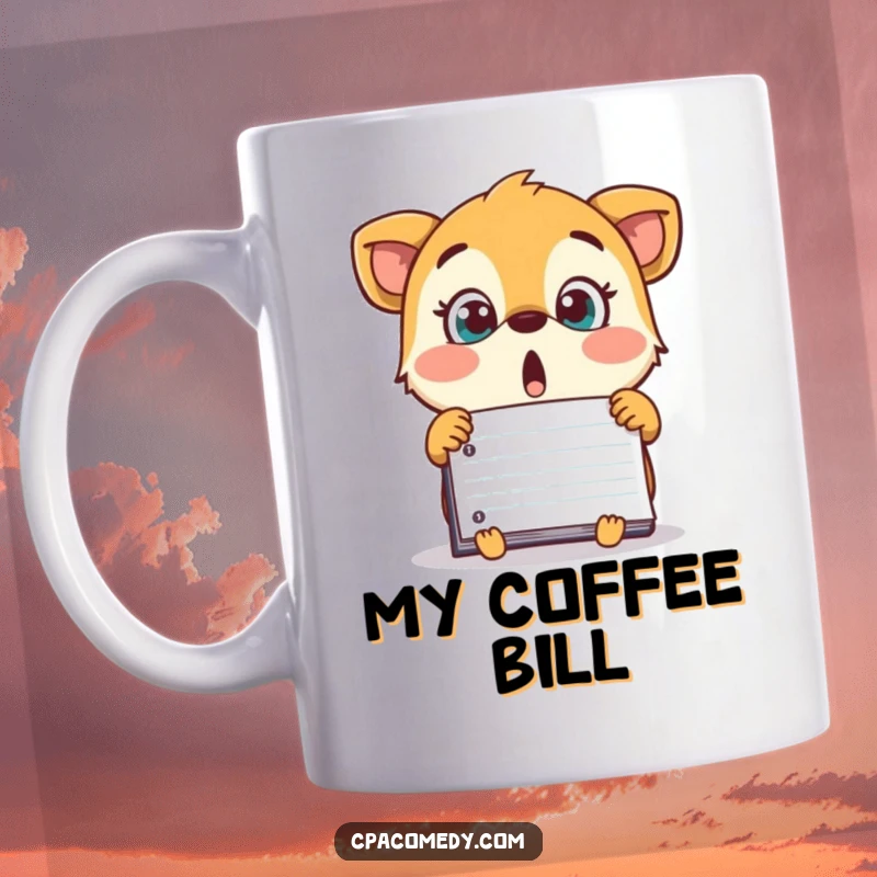 Funny surprised animal looking wide-eyed at a surprisingly large number on a ledger, depicted on a humorous mug.