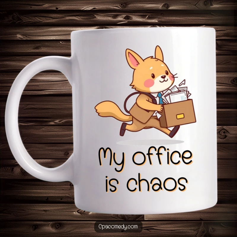Funny animal with briefcase overflowing papers, rushing to work, conveying a humorous, stressed, and relatable office life on a coffee mug.