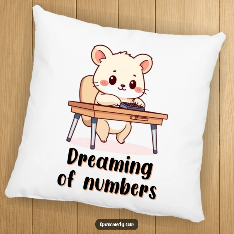Funny diligent animal using a calculator at a desk, depicted on a soft and humorous decorative pillow.