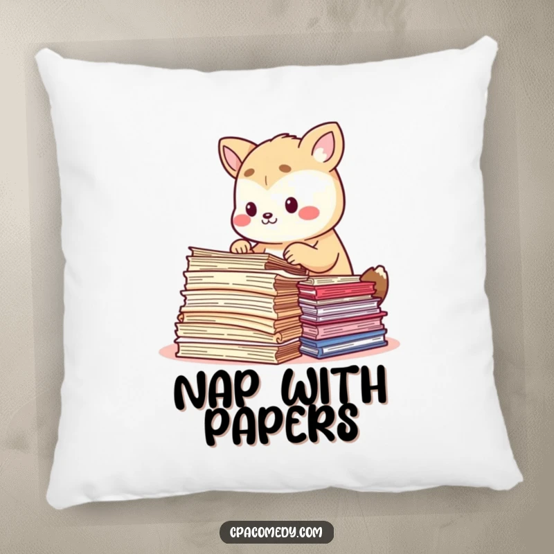 Funny focused animal carefully sorting colorful stacks of document papers, on a soft and humorous decorative pillow.