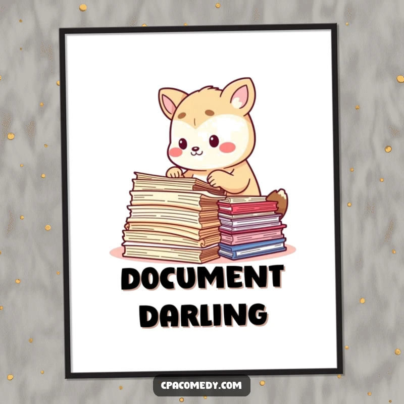 Funny animal focused on carefully sorting colorful stacks of document papers, a humorous digital art print for organized spaces.