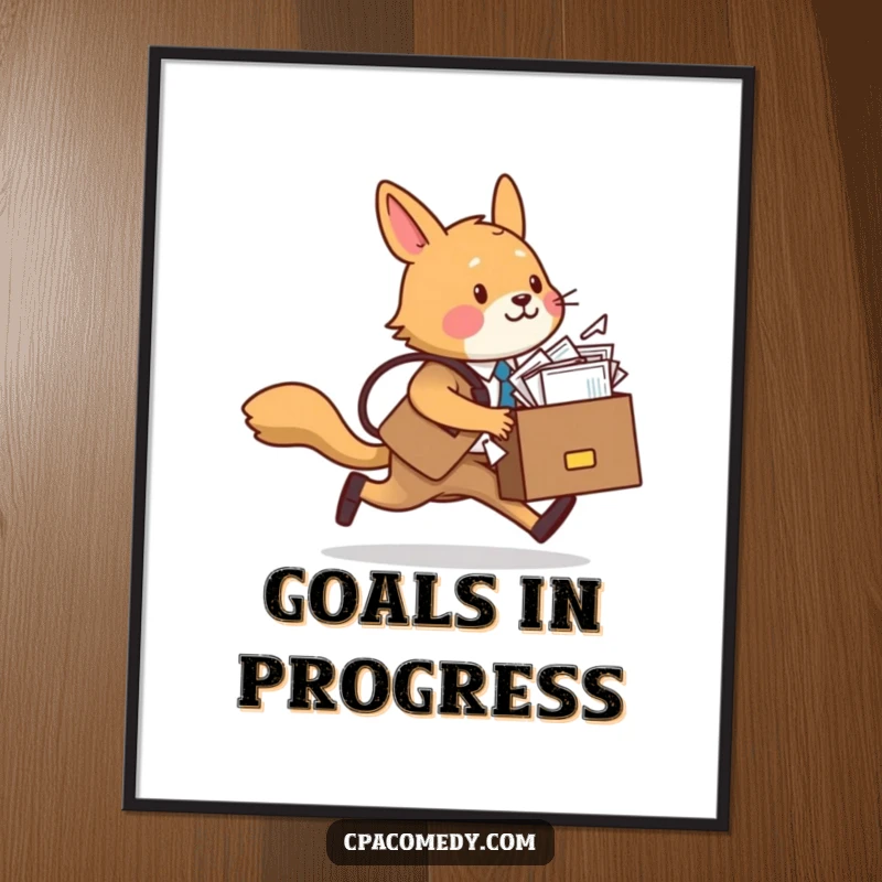 Funny animal with a briefcase overflowing with papers, humorously depicted in a dynamic rush, as a digital art print.