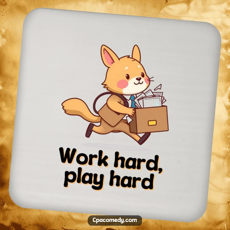 Funny animal character with a briefcase overflowing papers, humorously illustrating office chaos on a drink coaster.