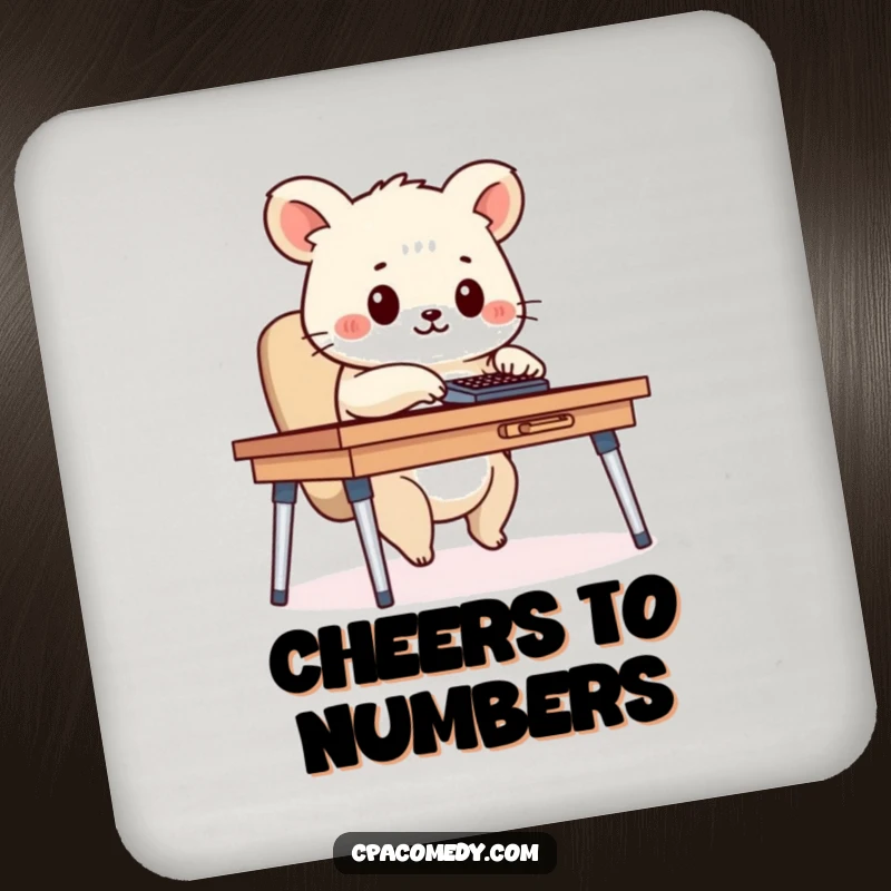 Funny diligent animal happily using a calculator at a desk, on a humorous drink coaster for surface protection.