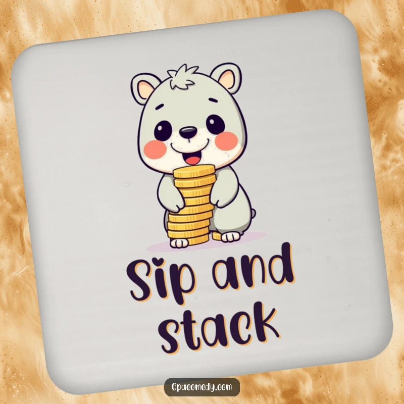 Funny cheerful animal balancing a large stack of shiny coins on its nose, on a humorous drink coaster.