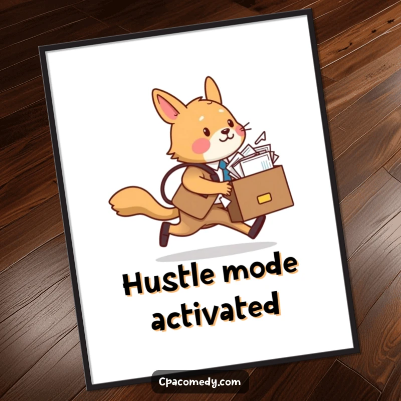 Funny animal character, briefcase overflowing with papers, humorously depicted in a chaotic rush, making funny office wall art.