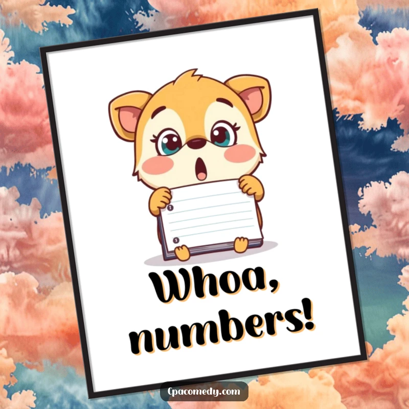 Funny surprised animal looking at a surprisingly large number on a ledger, a humorous art print for wall decor.