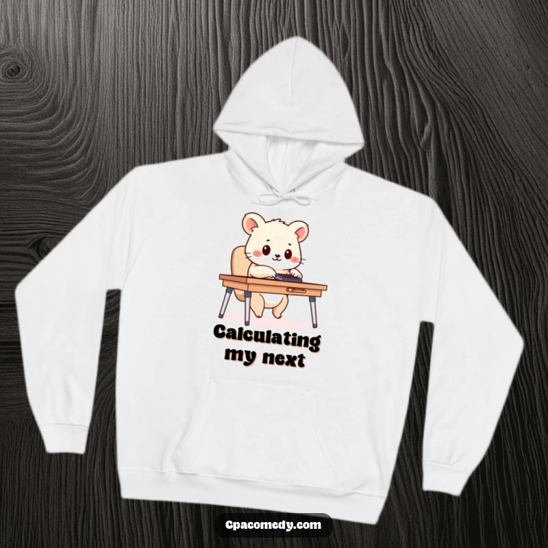 Funny diligent animal happily tapping a calculator, featured on a warm and humorous hoodie, perfect for work-from-home comfort.