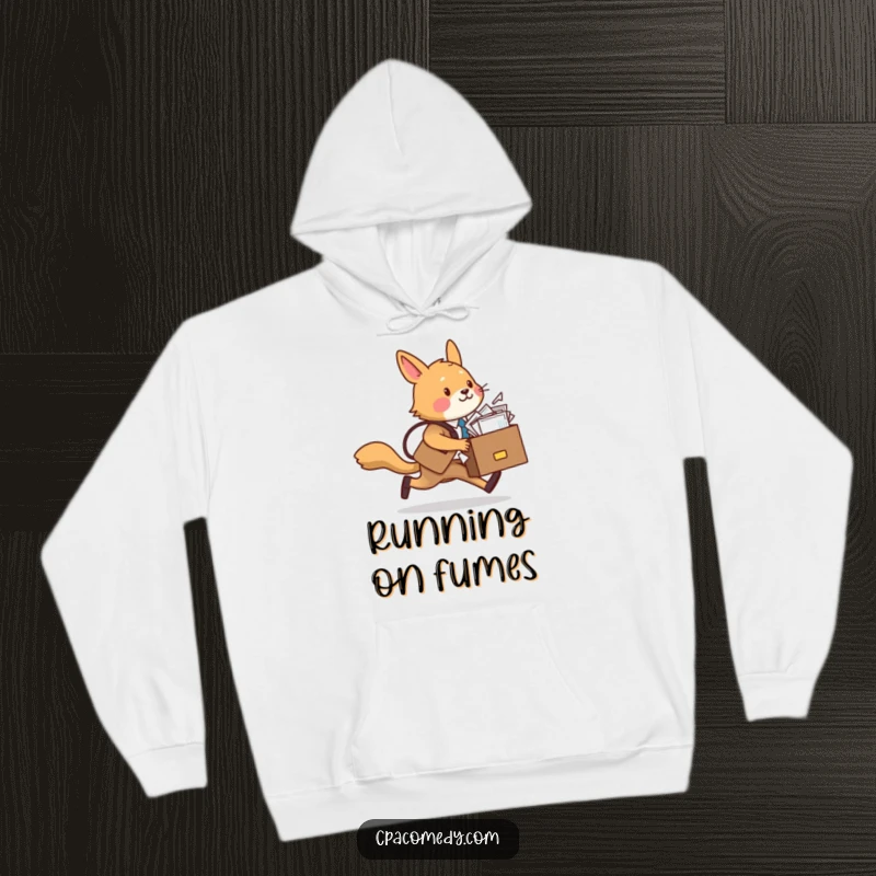 Funny, overwhelmed animal sprinting with a briefcase bursting with papers, capturing humorous work stress on a cozy hoodie.