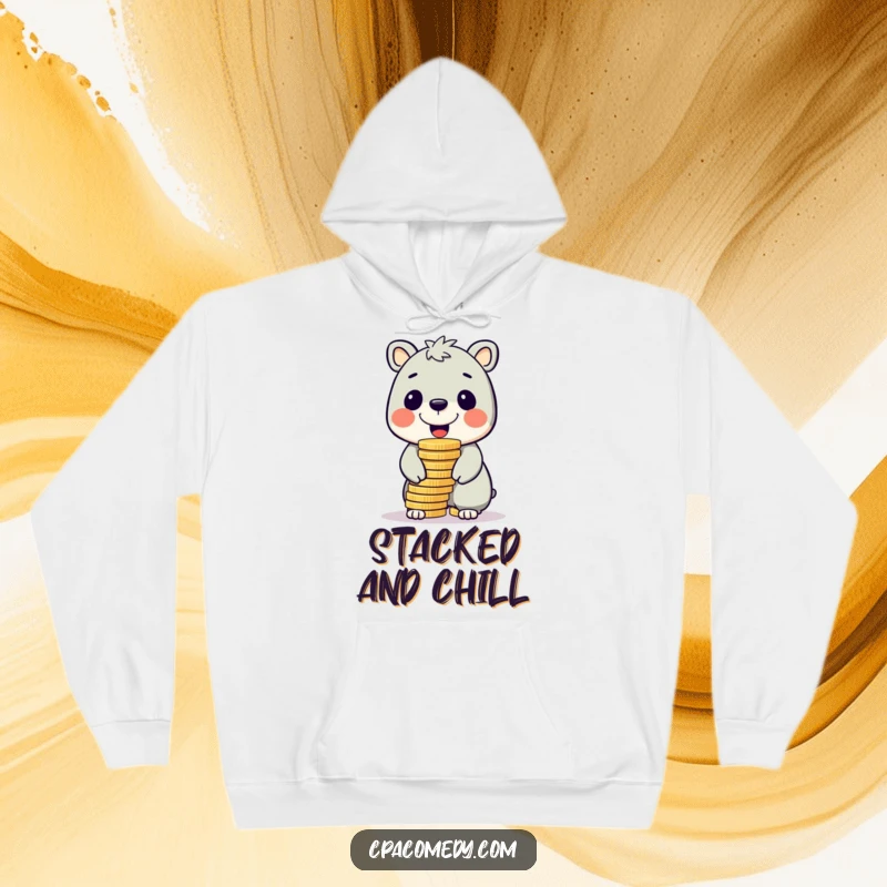 Funny cheerful animal balancing a large stack of coins on its nose, featured on a warm and humorous hoodie.