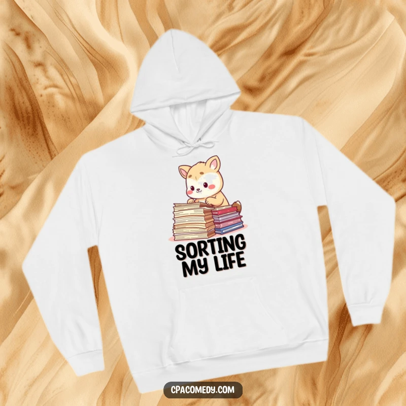 Funny focused animal carefully sorting colorful document papers, on a warm and humorous hoodie for organized souls.