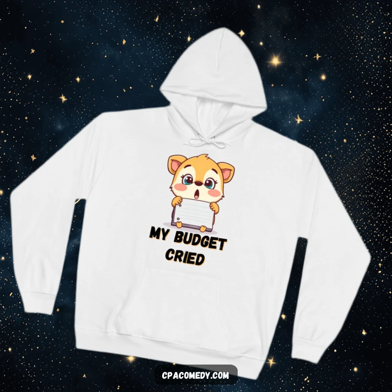 Funny surprised animal looking at a surprisingly large number on a ledger, featured on a warm and humorous hoodie.