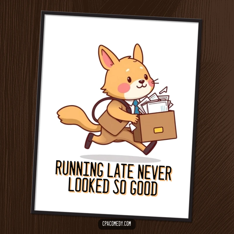 Funny Free Printable wall art of a stressed business dog, briefcase overloaded with papers, running frantically through a busy office.