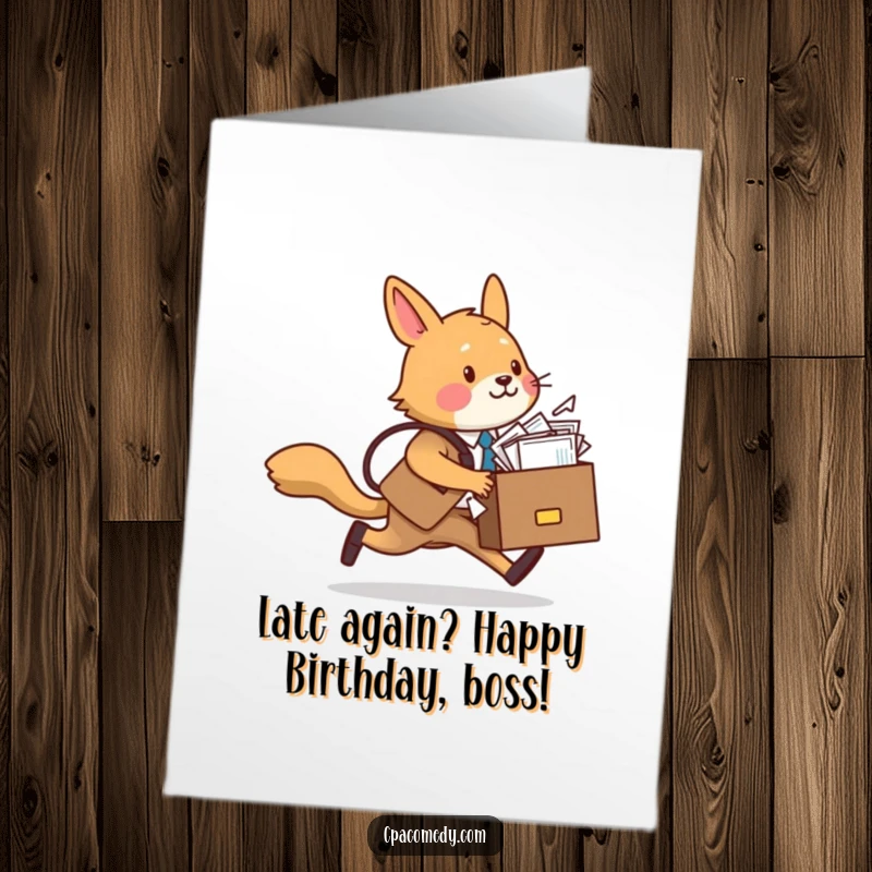 Funny Free Printable birthday card featuring a frantic business dog in a suit, papers flying from his briefcase, rushing to a party.
