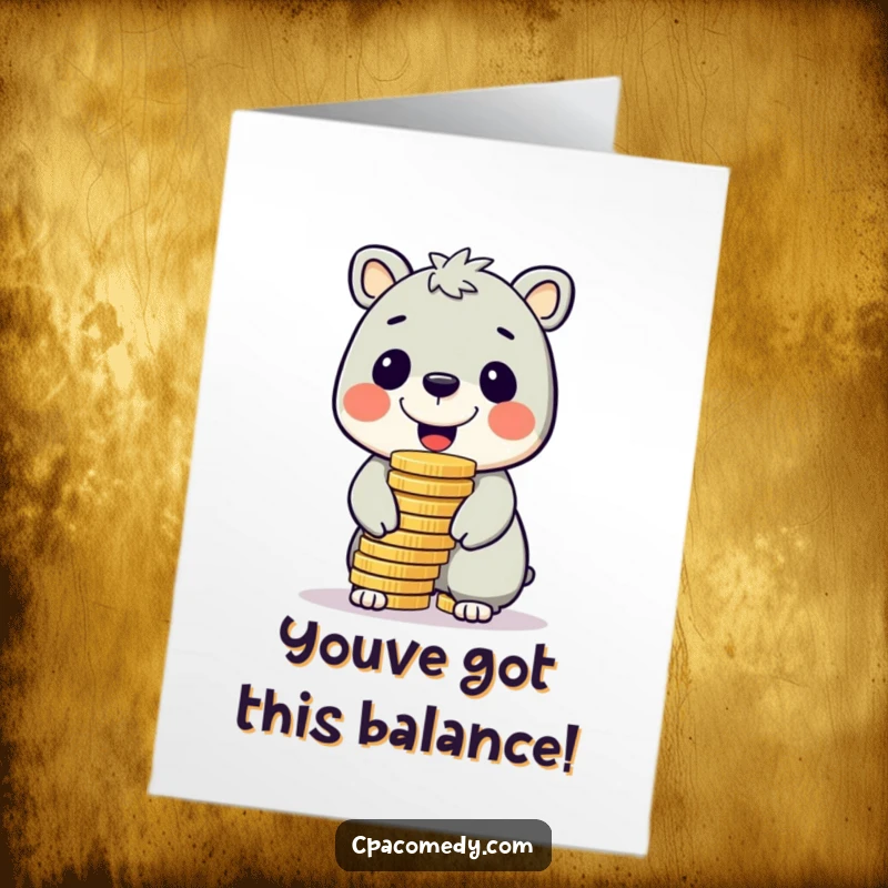 Funny Free Printable Congratulations Card: A cheerful animal balancing a huge stack of coins on its nose, celebrating victory.