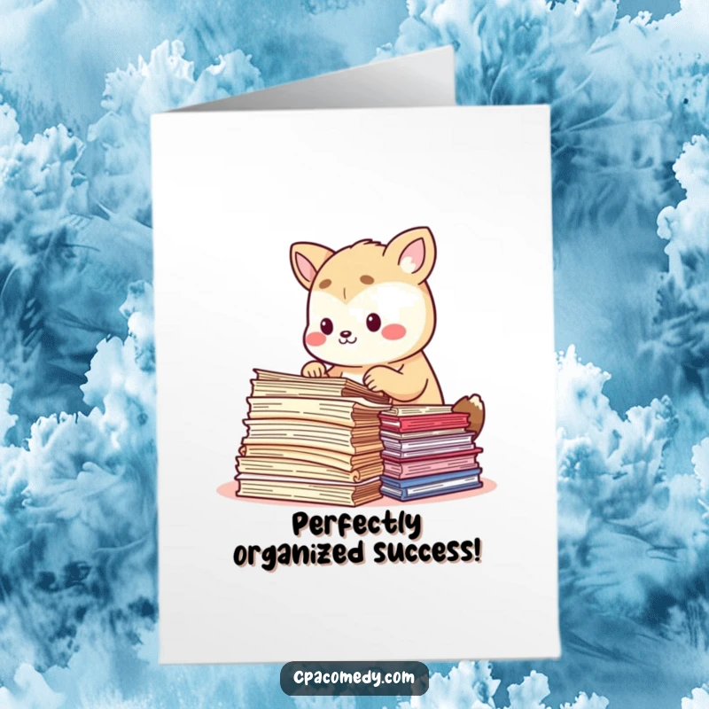 Funny Free Printable Congratulations Card: An animal carefully sorting colorful stacks of document papers, signifying order.