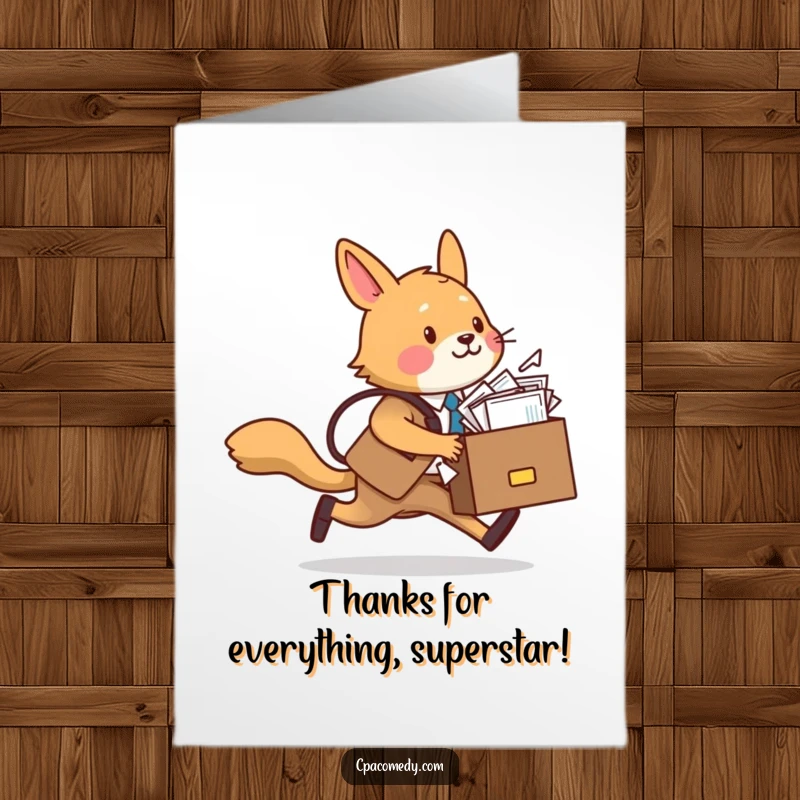 Funny Free Printable thank you card depicting a frazzled business dog, briefcase exploding with papers, rushing to express thanks.