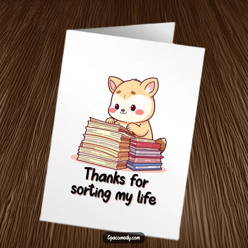 Funny Free Printable Thank You Card: An animal focused on sorting colorful document papers with precision.