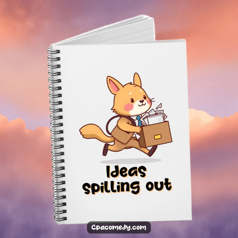 Funny animal character, briefcase overflowing with papers, humorously depicted on a notebook for chaotic note-taking.