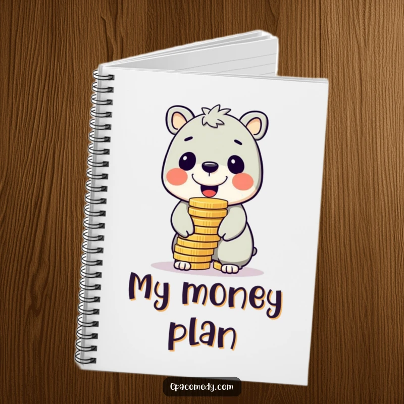 Funny cheerful animal balancing a large stack of shiny coins on its nose, on the cover of a humorous notebook.