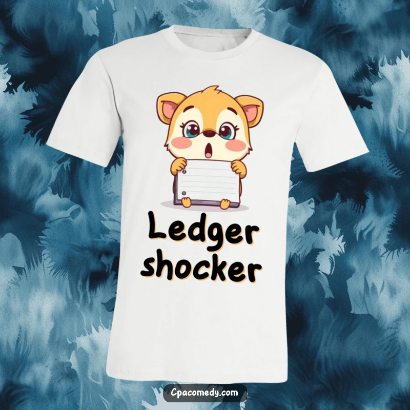 Funny surprised animal looking at a surprisingly large number on a ledger, printed on a humorous t-shirt for number crunchers.