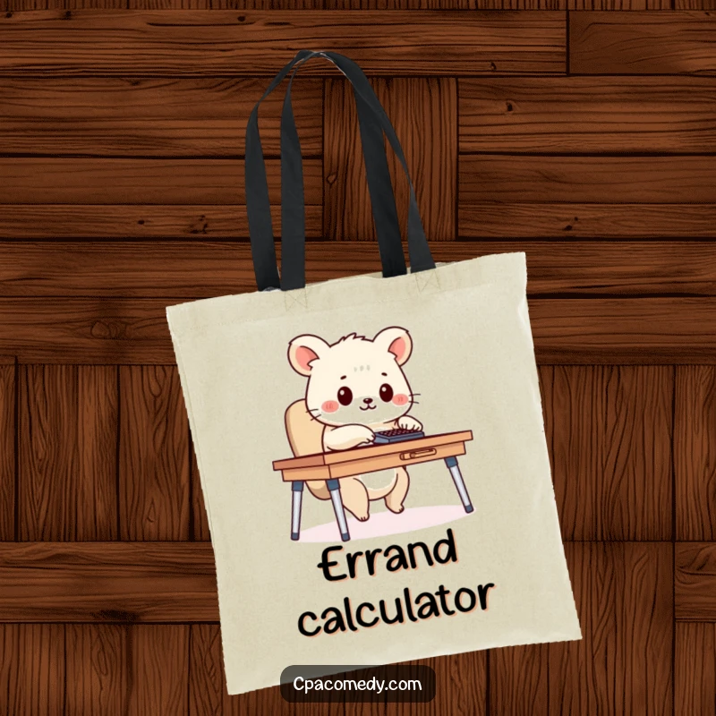 Funny diligent animal working a calculator at a desk, on a reusable tote bag, designed for humorous everyday use.