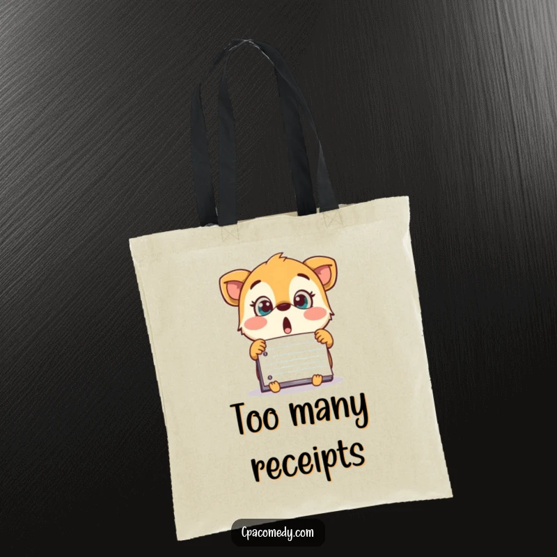 Funny surprised animal looking at a surprisingly large number on a ledger, on a durable and humorous tote bag.