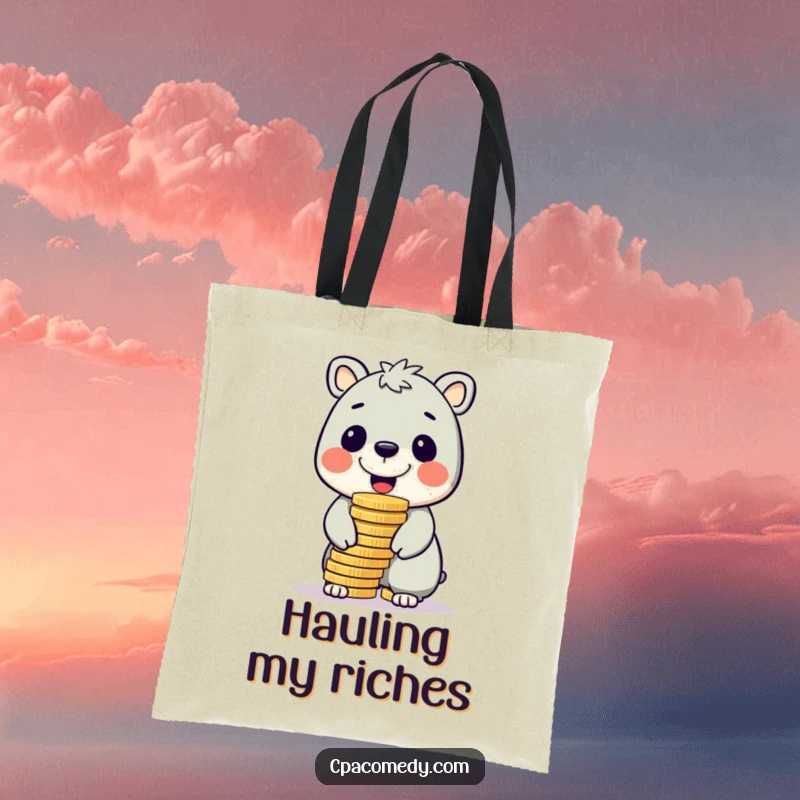Funny cheerful animal balancing a large stack of shiny coins on its nose, on a durable and humorous tote bag.